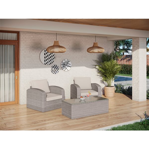 Luxury Living Furniture Tan Wicker Patio Conversation Set with Tan Cushion - 3-Piece