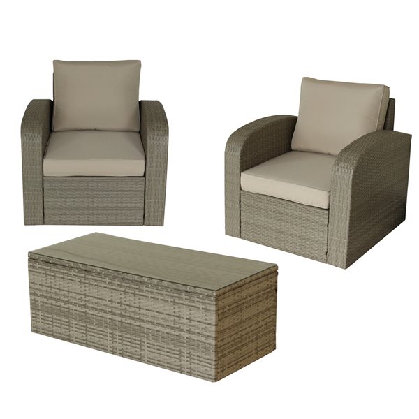 Ensemble de mobilier extérieur en osier brun avec coussin brun havane par Luxury Living Furniture, 3 pièces