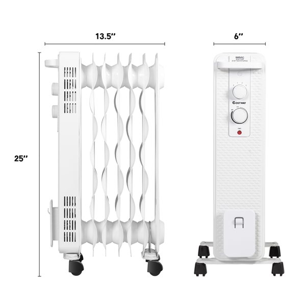 1500W Oil-Filled Heater Portable Radiator Space Heater w/Adjustable Thermostat