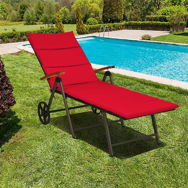 Costway Brown Rattan Wood Stationary Chaise Lounge Chair with Red Cushioned Seat