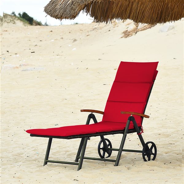 Costway Brown Rattan Wood Stationary Chaise Lounge Chair with Red Cushioned Seat