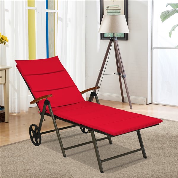 Costway Brown Rattan Wood Stationary Chaise Lounge Chair with Red Cushioned Seat