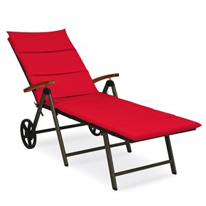 Costway Brown Rattan Wood Stationary Chaise Lounge Chair with Red Cushioned Seat