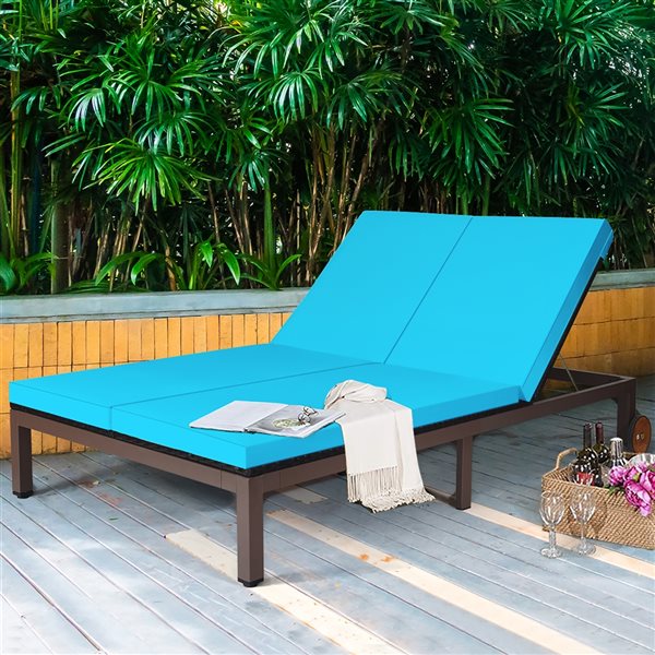 Costway Black Rattan Metal Stationary Chaise Lounge Chair with Turquoise Cushioned Seat