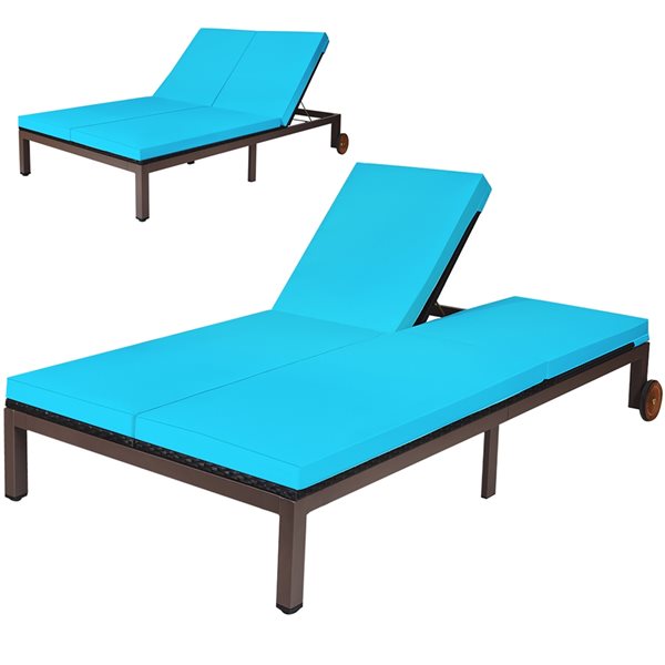 Costway Black Rattan Metal Stationary Chaise Lounge Chair with Turquoise Cushioned Seat