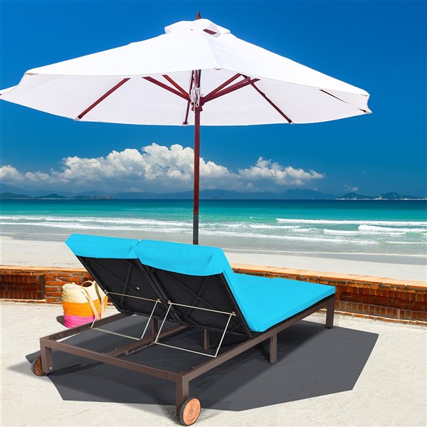 Costway Black Rattan Metal Stationary Chaise Lounge Chair with Turquoise Cushioned Seat