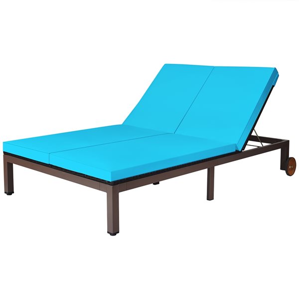 Costway Black Rattan Metal Stationary Chaise Lounge Chair with Turquoise Cushioned Seat