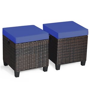 Costway 2 Brown Rattan Ottoman with Navy Blue Cushion