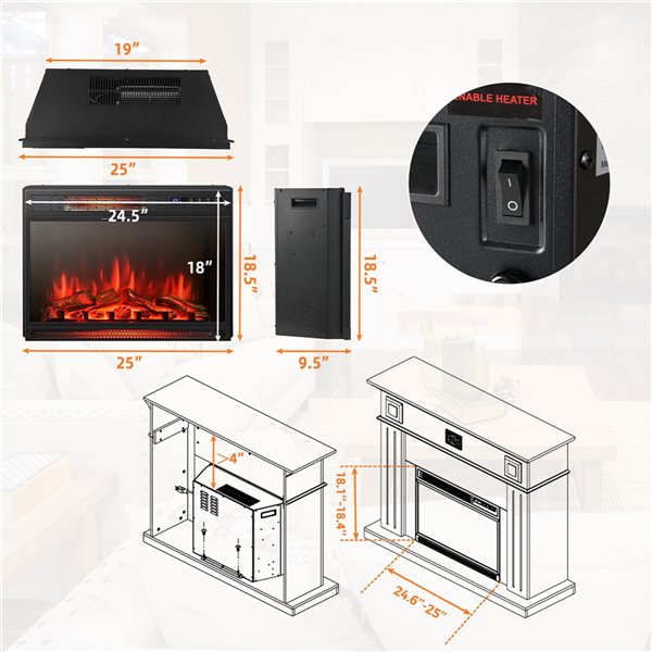 Costway 25-in W Black Metal Freestanding and Recessed Infrared Quartz Electric Fireplace