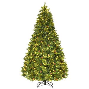Costway 8-ft Pre-Lit Artificial Christmas Tree Hinged with 600 LED Lights and Pine Cones