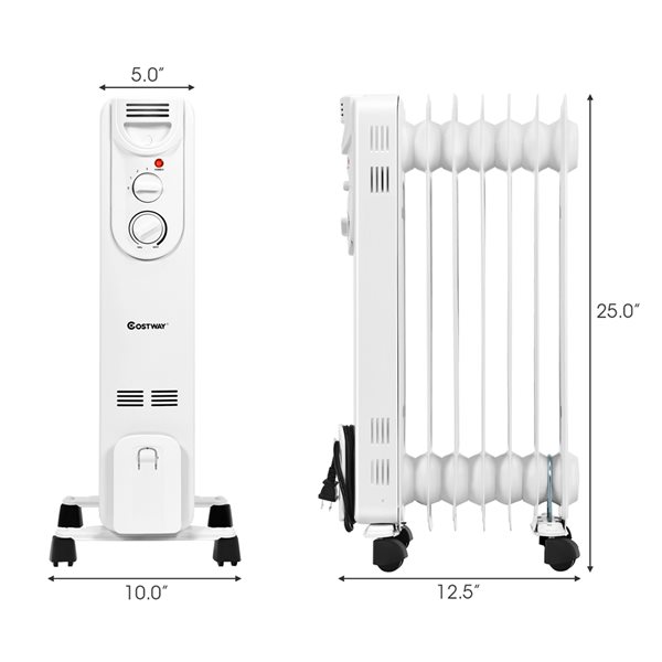 1500W Electric Indoor Oil Heater W/3 Heat Settings & Safe Protection for Home