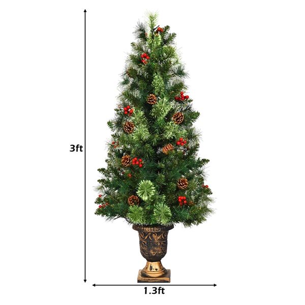 Costway 3-ft Pre-Lit Christmas Entrance Tree In Urn with 40 LED Light Red Berries Pine Cone