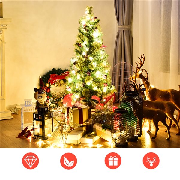 Costway 3-ft Pre-Lit Christmas Entrance Tree In Urn with 40 LED Light Red Berries Pine Cone