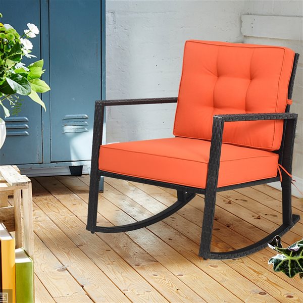 Costway Black Rattan Wood Stationary Rocking Chair with Orange Cushioned Seat