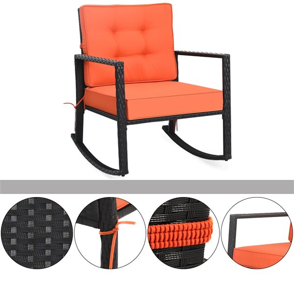 Costway Black Rattan Wood Stationary Rocking Chair with Orange Cushioned Seat