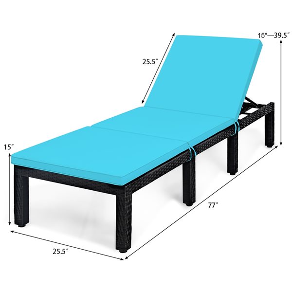 Costway Black Rattan Wood Stationary Chaise Lounge Chair with Turquoise Cushioned Seat