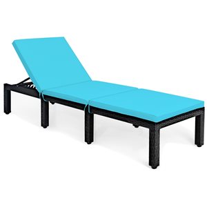 Costway Black Rattan Wood Stationary Chaise Lounge Chair with Turquoise Cushioned Seat