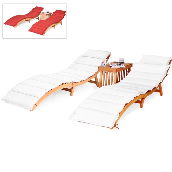 Costway Brown Wood Stationary Chaise Lounge Chairs with Red/white Cushioned Seat - Set of 2