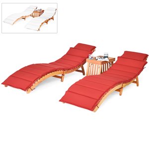 Costway Brown Wood Stationary Chaise Lounge Chairs with Red/white Cushioned Seat - Set of 2