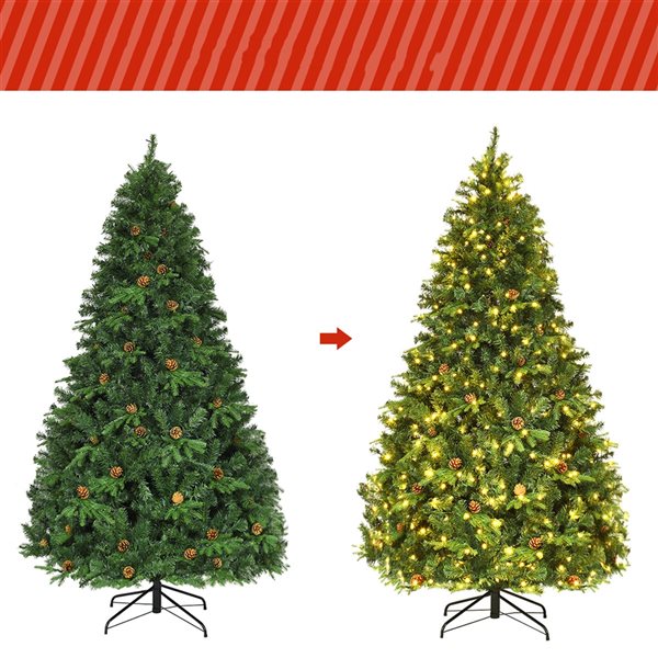 Costway 7-ft Pre-Lit Artificial Christmas Tree Hinged with 460 LED Lights and Pine Cones