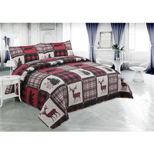 Marina Decoration Red Microfibre with Polyester Fill Bear and Reindeer Plaid Full/Queen Quilt Set - 3-Piece