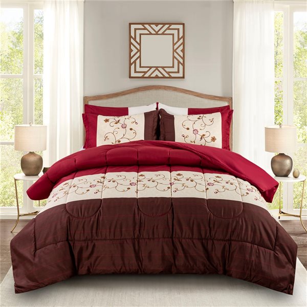 Marina Decoration Burgundy/Red Microfibre with Polyester Fill Floral Queen Comforter Set - 7-Piece