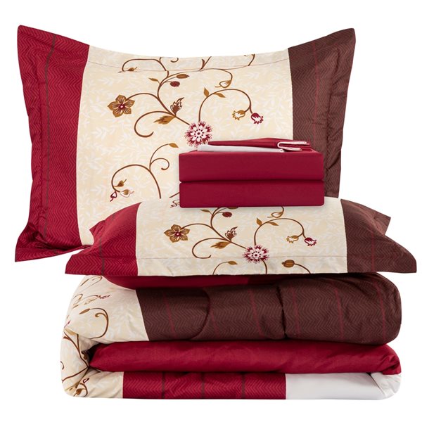 Marina Decoration Burgundy/Red Microfibre with Polyester Fill Floral Queen Comforter Set - 7-Piece