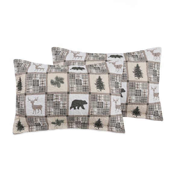 Marina Decoration Taupe Microfibre with Polyester Fill Bear and Deer Plaid Twin Quilt Set - 2-Piece