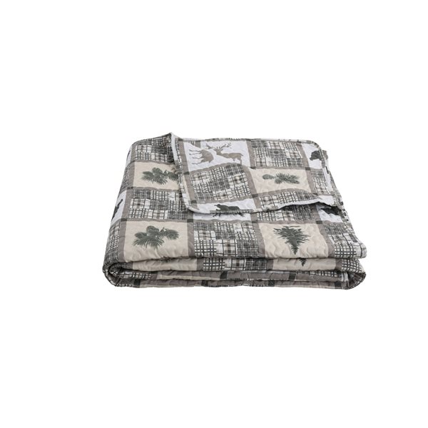 Marina Decoration Taupe Microfibre with Polyester Fill Bear and Deer Plaid Twin Quilt Set - 2-Piece