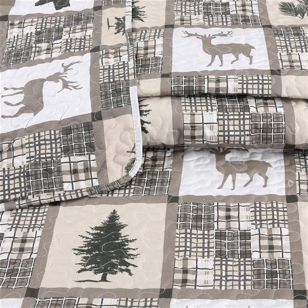 Marina Decoration Taupe Microfibre with Polyester Fill Bear and Deer Plaid Twin Quilt Set - 2-Piece