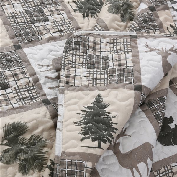 Marina Decoration Taupe Microfibre with Polyester Fill Bear and Deer Plaid Twin Quilt Set - 2-Piece