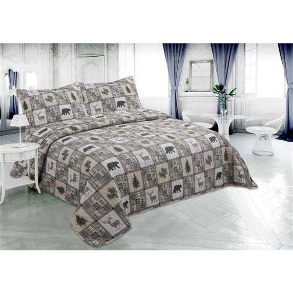 Marina Decoration Taupe Microfibre with Polyester Fill Bear and Deer Plaid Twin Quilt Set - 2-Piece