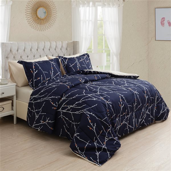 Marina Decoration Navy Blue Microfibre with Polyester Fill Floral Queen Comforter Set - 7-Piece