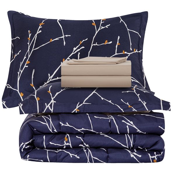 Marina Decoration Navy Blue Microfibre with Polyester Fill Floral Full Comforter Set - 7-Piece
