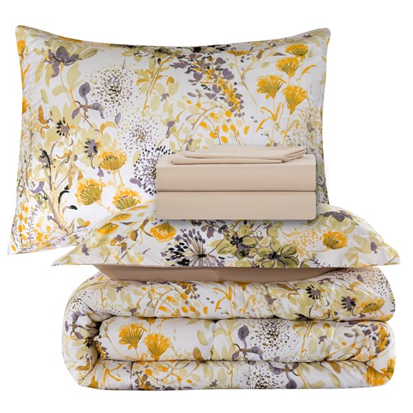 Marina Decoration Yellow Microfibre with Polyester Fill Hydrangea Floral Full Comforter Set - 7-Piece