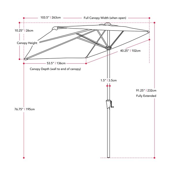 Demi-parasol CorLiving de 8,5 pi rouge rubis résistant aux rayons UV