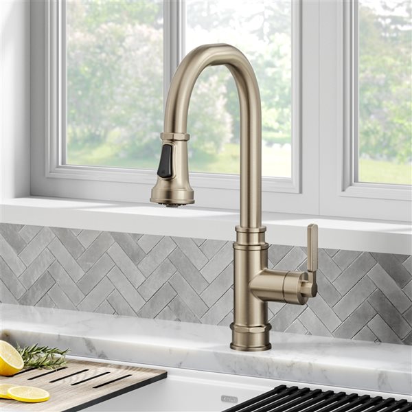 Kraus Allyn Spot-Free Antique Champagne-Bronze 1-Handle Deck Mount Pull-Down Handle/Lever Kitchen Faucet