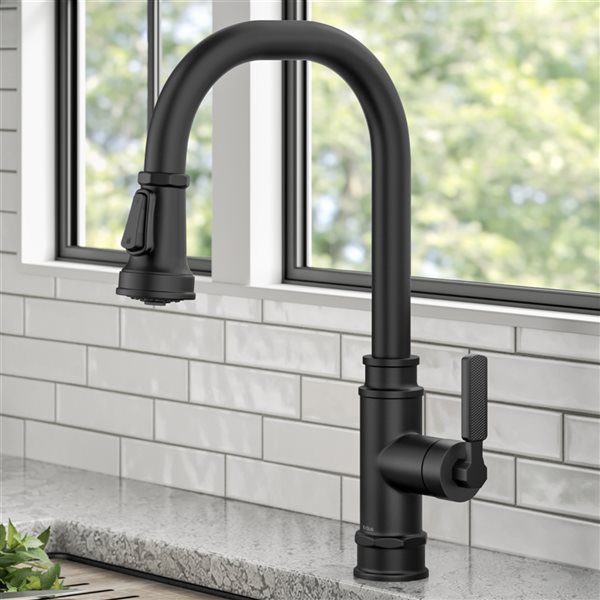 Kraus Allyn Matte Black Industrial 1-Handle Deck Mount Pull-Down Handle/Lever Residential Kitchen Faucet