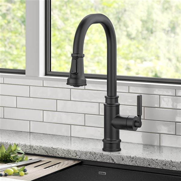 Kraus Allyn Matte Black Industrial 1-Handle Deck Mount Pull-Down Handle/Lever Residential Kitchen Faucet