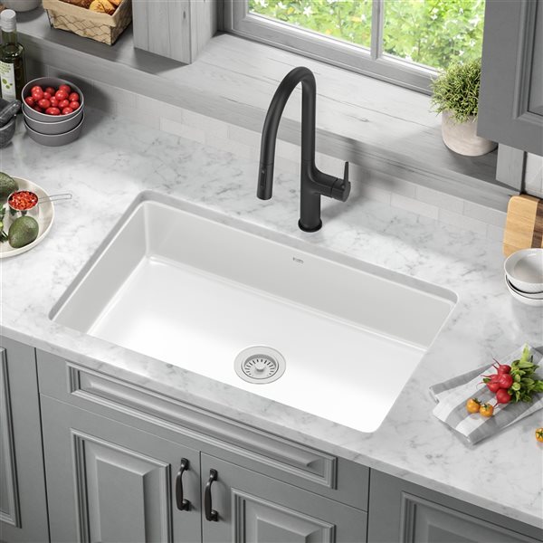 Kraus Pintura Undermount 31.5-in x 19-in White Enameled Porcelain Single Bowl Kitchen Sink