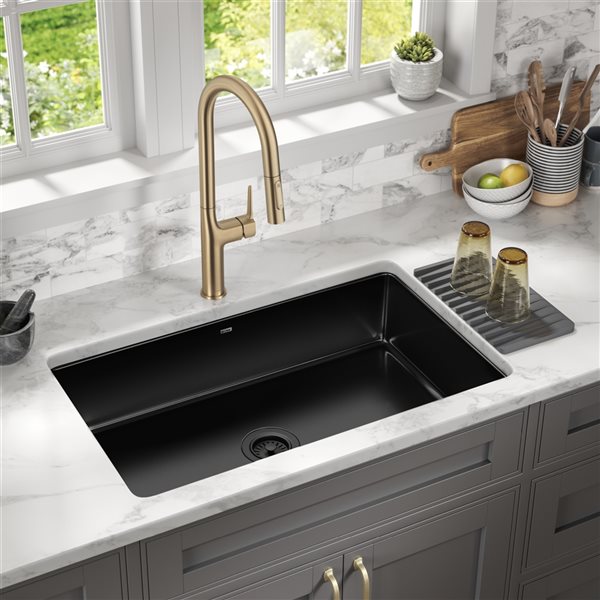 Kraus Pintura Undermount 31.5-in x 19-in Black Enameled Porcelain Single Bowl Kitchen Sink