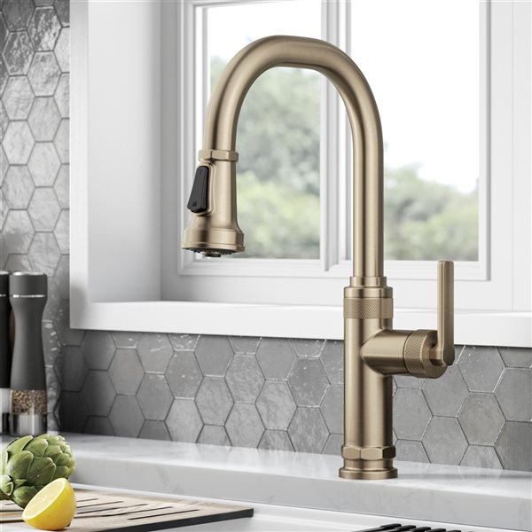 Kraus Allyn Spot-Free Antique Champagne-Bronze 1-Handle Deck Mount Pull-Down Handle/Lever Residential Kitchen Faucet
