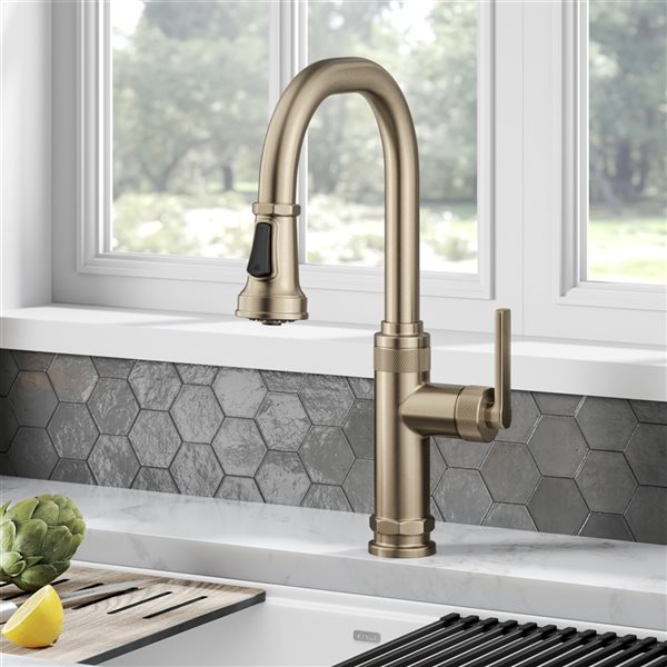 Kraus Allyn Spot-Free Antique Champagne-Bronze 1-Handle Deck Mount Pull-Down Handle/Lever Residential Kitchen Faucet