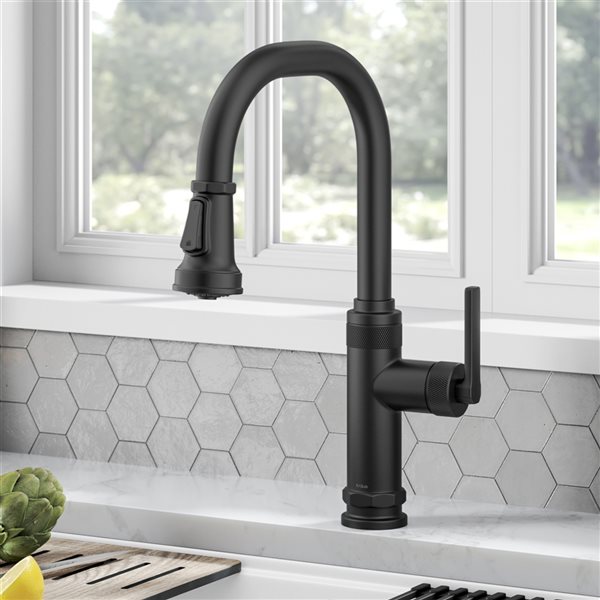 Kraus Allyn Matte Black Industrial 1-Handle Deck Mount Pull-Down Handle/Lever Kitchen Faucet