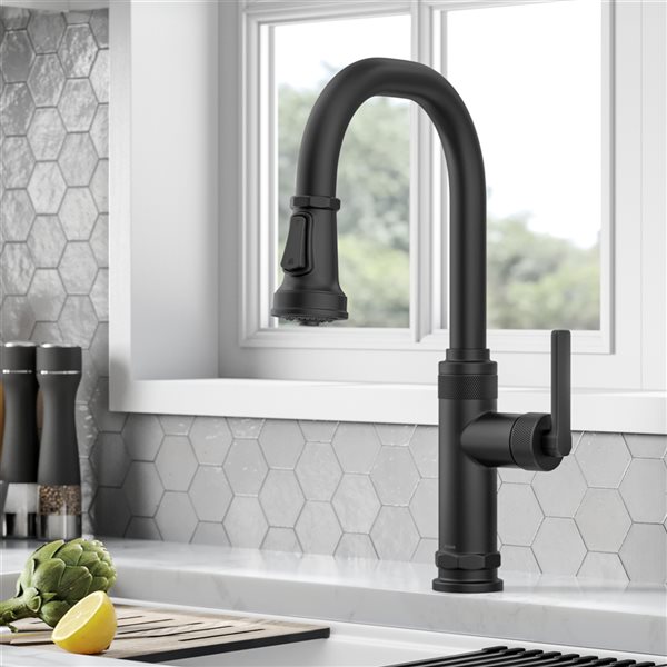 Kraus Allyn Matte Black Industrial 1-Handle Deck Mount Pull-Down Handle/Lever Kitchen Faucet