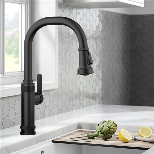 Kraus Allyn Matte Black Industrial 1-Handle Deck Mount Pull-Down Handle/Lever Kitchen Faucet