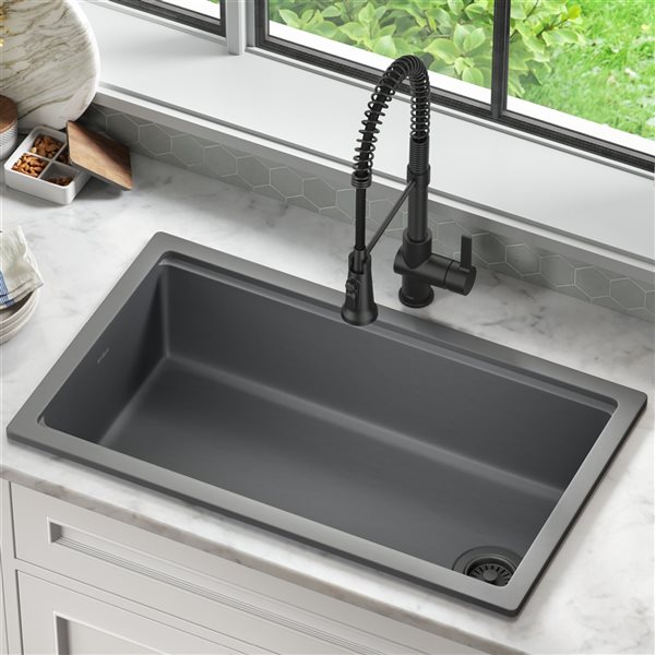 Kraus Turino Drop-In or Undermount 33-in x 18.13-in Matte Grey Fireclay Single Bowl Workstation Kitchen Sink