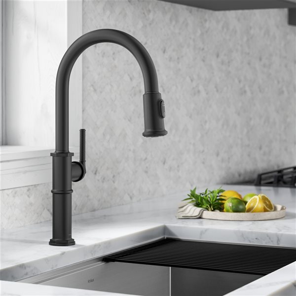 Kraus Allyn Matte Black 1-Handle Deck Mount Pull-Down Handle/Lever Kitchen Faucet