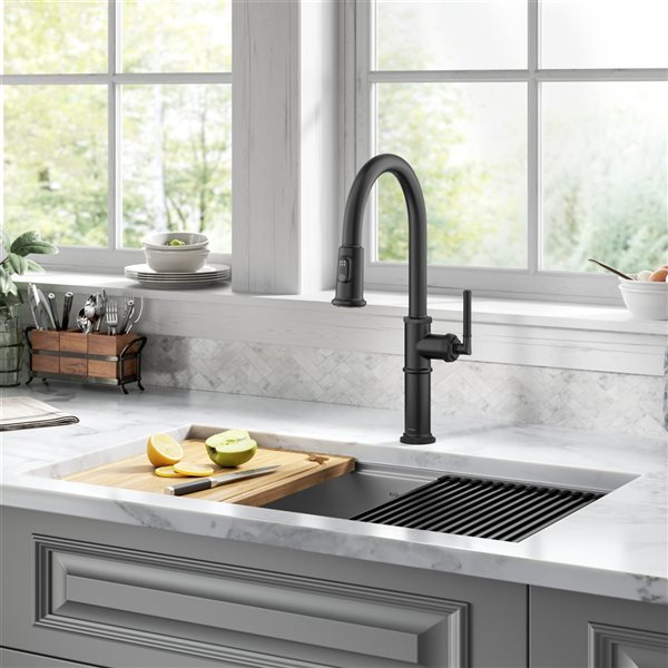 Kraus Allyn Matte Black 1-Handle Deck Mount Pull-Down Handle/Lever Kitchen Faucet