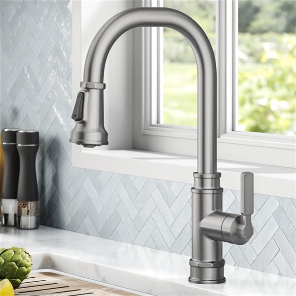 Kraus Allyn Spot-Free Stainless Steel Industrial 1-Handle Deck Mount Pull-Down Handle/Lever Residential Kitchen Faucet